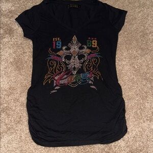 COOGI Women's Embellished Size L Black T-Shirt Y2K Est 1969 Shirt Rainbow. B4
